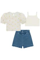 Conjunto Trio Infantil Top Canelado Bata em Tule Bordado Margaridas e Shorts Jeans Liz c/Elastano Flora by Infanti