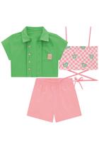 Conjunto Trio Infantil Top Cropped em Canelado Quadriculado Camisa Boxy em Tricoline e Shorts em Sarja