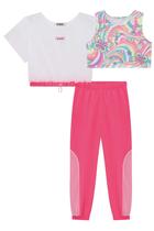 Conjunto Trio Infantil Top Cropped em Neo Fresh Borboletas Arco-íris Boxy Over em Tela e Calça em Nylon c/Tela - Kukiê