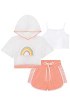 Conjunto Trio Infantil Top em Malha Power Blusa Boxy Over em Tela Arco-íris Paetês e Shorts em Nylon - Kukiê Conjunto Trio Infantil Top em Malha Power Blusa Boxy Over em Tela Arco-íris Paetês e Shorts em Nylon - Kukiê