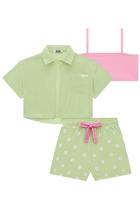Conjunto Trio Infantil Top Faixa em Canelado Camisa Boxy e Shorts Margaridas em Viscose - Kukiê Conjunto Trio Infantil Top Faixa em Canelado Camisa Boxy e Shorts Margaridas em Viscose - Kukiê