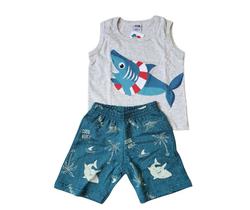 Conjunto Tubarão Infantil Verão Camisa e Short Camiseta Regata com Bermuda kit 2 peças Tubarao Baby Boy Bebe