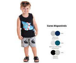 Conjunto Tubarão Infantil Verão Camisa e Short Camiseta Regata com Bermuda kit 2 peças Tubarao Baby Boy Bebe