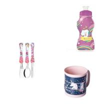 Conjunto Unicornio faqueiro, garrafinha e caneca divertida