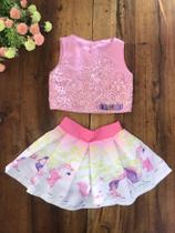 Conjunto Unicórnio Rosa Saia Cropped Festa Temático Lindo