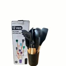 Conjunto Utensílios Cozinha em Silicone Cabo de Madeira Kit 12 Peças Leve Premium Antiaderente Espátula Duráveis Confeit