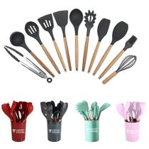 Conjunto Utensílios Cozinha Silicone Bambu + Porta Talheres