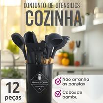 Conjunto Utensílios Cozinha Silicone Cabo Madeira 12 Peças Preto