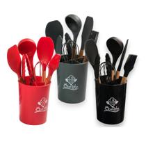 Conjunto Utensílios Cozinha Silicone + Porta Talheres Premio