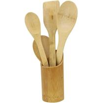 Conjunto Utensílios de Cozinha em Bambu Natural com Suporte