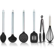 Conjunto Utensílios De Cozinha Silicone Cabo Inox 6 Peças Colher Concha Escumadeira Espátula Pinça Batedor Conjunto Utensílios De Cozinha Silicone Cabo Inox 6 Peças Colher Concha Escumadeira Espátula Pinça Batedor