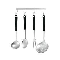 Conjunto Utensílios em Inox com Cabo Plástico 4 Pçs + Suporte Linha Elegance