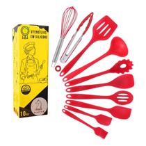 Conjunto Utensílios Profissional 10 Peças Cozinha Silicone VERMELHO Talher escumadeira concha colher - X-matte