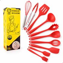 Conjunto Utensílios Profissional 10 Peças Cozinha Silicone VERMELHO Talher escumadeira concha colher