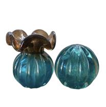 Conjunto Vaso Murano Trouxinha Marrom e Azul e Esfera Azul