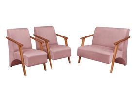 Conjunto Venus Braços em Madeira Maciça 1 Namoradeira 2 Poltronas Suede Unidecor