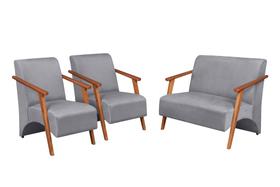 Conjunto Venus Braços em Madeira Maciça 1 Namoradeira 2 Poltronas Suede Unidecor