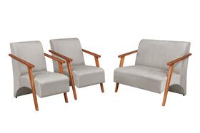 Conjunto Venus Braços em Madeira Maciça 1 Namoradeira 2 Poltronas Suede Unidecor