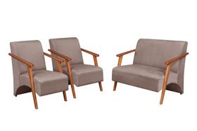Conjunto Venus Braços em Madeira Maciça 1 Namoradeira 2 Poltronas Suede Unidecor