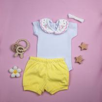 Conjunto Verão Bebê Menina Bordado Borboleta com Body Gola Boneca Tapa Fraldas Faixinha Conjunto Verão Bebê Menina Bordado Borboleta com Body Gola Boneca Tapa Fraldas Faixinha