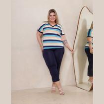 Conjunto Verão Blusa Listrada Manga Curta e Calça Capri Plus Size
