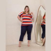 Conjunto Verão Blusa Listrada Manga Curta e Calça Capri Plus Size Conjunto Verão Blusa Listrada Manga Curta e Calça Capri Plus Size