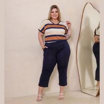Conjunto Verão Blusa Listrada Manga Curta e Calça Capri Plus Size