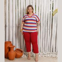 Conjunto Verão Blusa Listrada Manga Curta e Calça Capri Plus Size Conjunto Verão Blusa Listrada Manga Curta e Calça Capri Plus Size