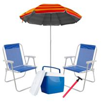 Conjunto Verão com Guarda Sol 2m + 2 Cadeiras de Praia + 1 Caixa Térmica 26L + 1 Sacareia perfeito para o seu lazer