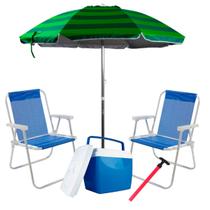 Conjunto Verão com Guarda Sol 2m + 2 Cadeiras de Praia + 1 Caixa Térmica 26L + 1 Sacareia perfeito para o seu lazer