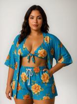 Conjunto Verão Feminino Plus Size Kimono Short E Cropped Gg