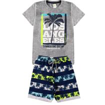 Conjunto Verão Infantil Juvenil Masculino Camiseta reforço na gola e Bermuda Moletinho cadarço Roupa Menino Tamanhos 04 - 16