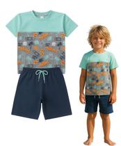 Conjunto Verão Infantil Juvenil Masculino Camiseta reforço na gola e Bermuda Moletinho cadarço Roupa Menino Tamanhos 04 - 16