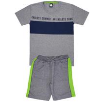 Conjunto Verão Infantil Juvenil Masculino Camiseta reforço na gola e Bermuda Moletinho cadarço Roupa Menino Tamanhos 10 12 14 16