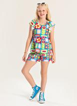 Conjunto Verão Menina Azul Cropped Com Babado e Shorts Florzinhas Retrô