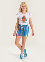 Conjunto Verão Menina Branco Blusa e Shorts Com Amarração Laço e Listras Conjunto Verão Menina Branco Blusa e Shorts Com Amarração Laço e Listras