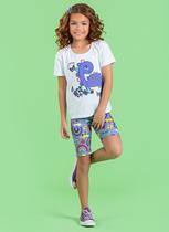 Conjunto Verão Menina Infantil Branco Blusa e Shorts Ciclista Dino Fofo