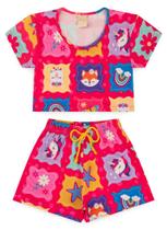 Conjunto Verão Menina Infantil Magenta Cropped e Shorts Unicórnio Conjunto Verão Menina Infantil Magenta Cropped e Shorts Unicórnio