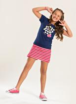 Conjunto Verão Menina Marinho Blusa Com Laço e Shorts Saia Flores e Listras