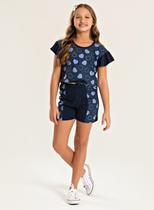 Conjunto Verão Menina Marinho Cropped Com Amarração e Shorts Com Recorte Corações