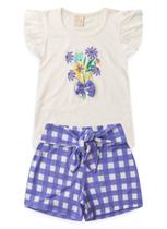 Conjunto Verão Menina Natural Blusa e Shorts com Faixa Sobreposta Flores do Jardim