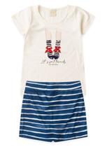 Conjunto Verão Menina Natural Blusa e Shorts Saia Sapatilhas com Listras