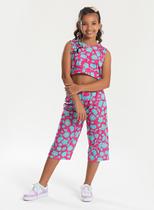 Conjunto Verão Menina Pink Cropped Com Amarração nas Costas e Calça Pantacourt Flores