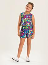 Conjunto Verão Menina Pink Cropped Regata e Shorts Com Babado Mosaico de Flores