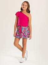 Conjunto Verão Menina Pink Cropped um Ombro e Shorts Saia com Faixa Conjunto Verão Menina Pink Cropped um Ombro e Shorts Saia com Faixa