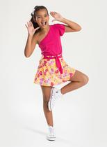 Conjunto Verão Menina Pink Cropped um Ombro Só e Shorts Saia com Faixa Borboletas