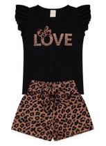 Conjunto Verão Menina Preto Blusa e Shorts Love Oncinha