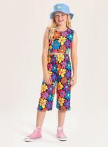 Conjunto Verão Menina Preto Cropped Com Amarração nas Costas e Calça Pantacourt Florido