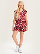 Conjunto Verão Menina Preto Cropped com Babado e Shorts Flores