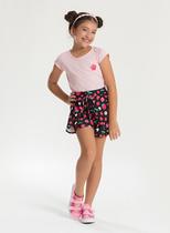 Conjunto Verão Menina Rosa Blusa com Manga Copinho e Shorts Saia Florido